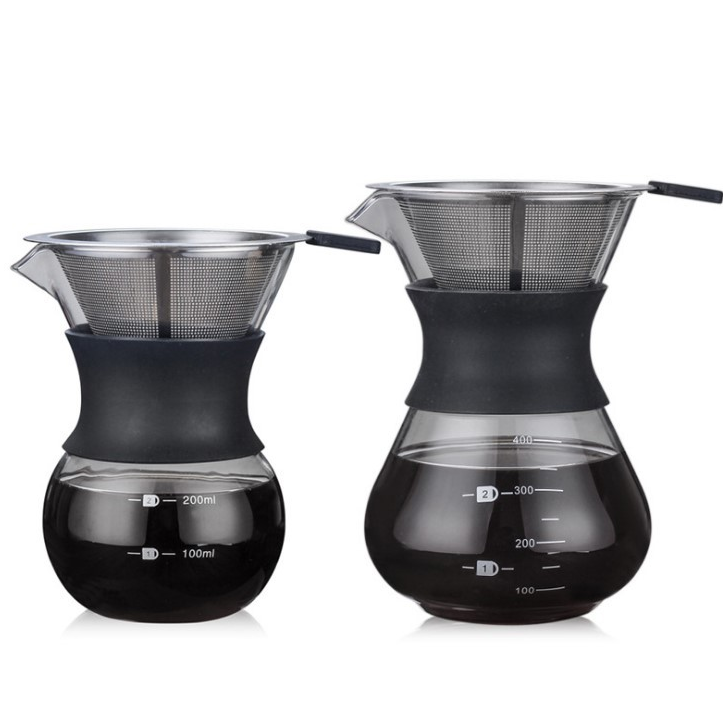 High Quality One-piece Coffee Drip Pot made of heat-resistant borosilicate glass with a stainless steel filter mesh.