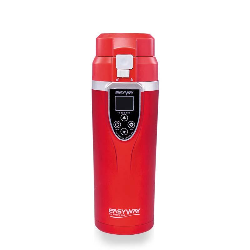 High Quality Portable Car Heating Boiling Electric Mug Cup with digital LCD display and stainless steel liner, designed for use in vehicles.