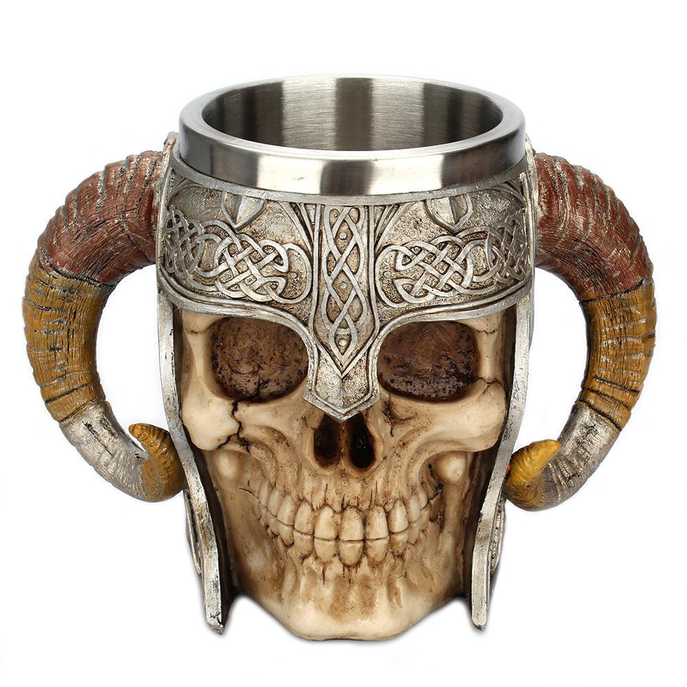High Quality Stainless Steel Horns Helmet Skull Coffee Mug featuring a unique skull design with horns, made from durable stainless steel and resin.