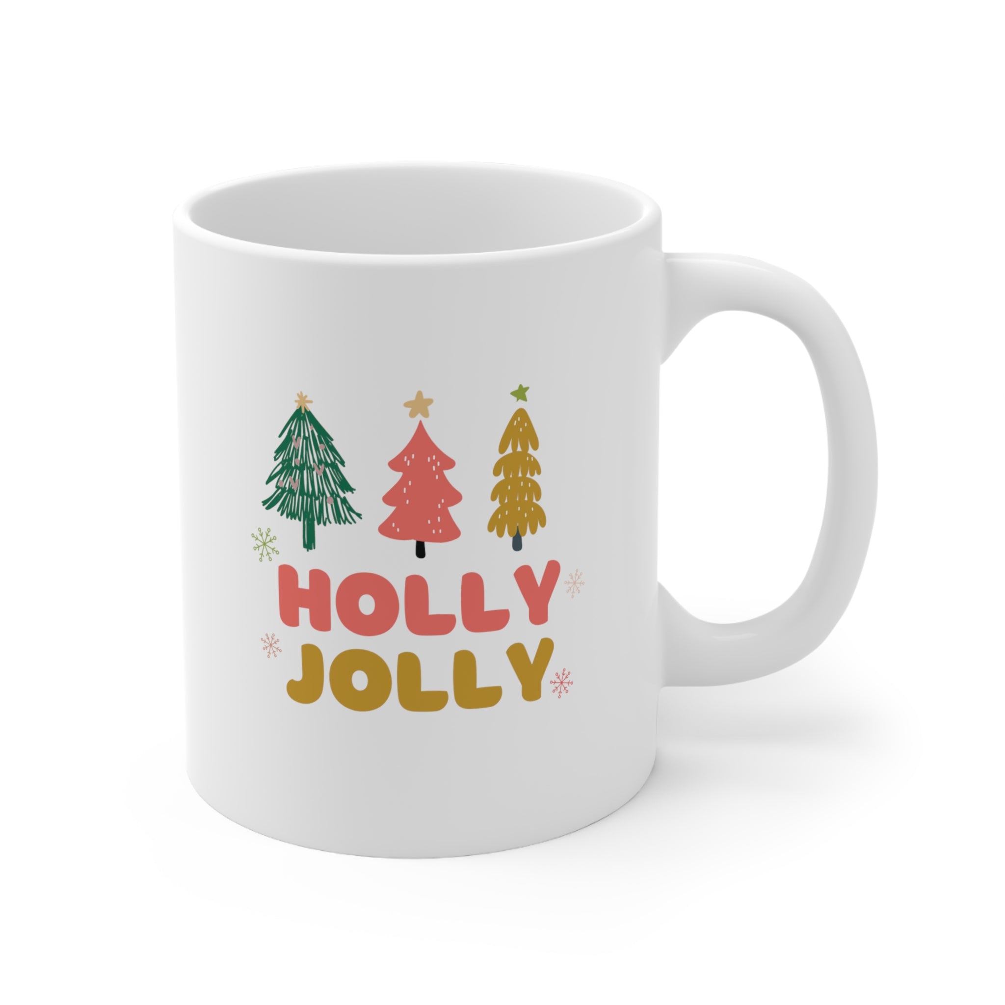 A festive white ceramic mug featuring Christmas trees, perfect for holiday beverages.
