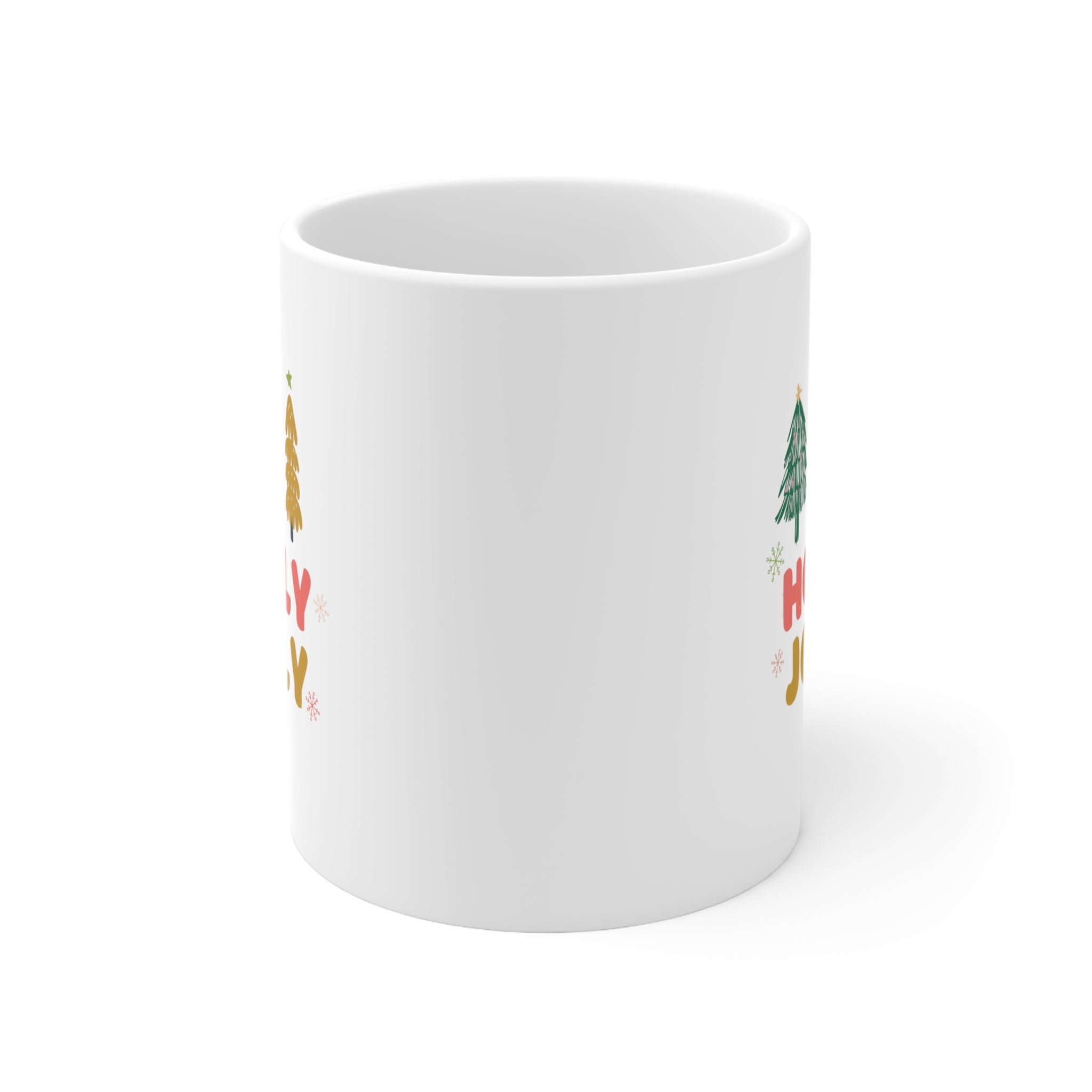 A festive white ceramic mug featuring Christmas trees, perfect for holiday beverages.