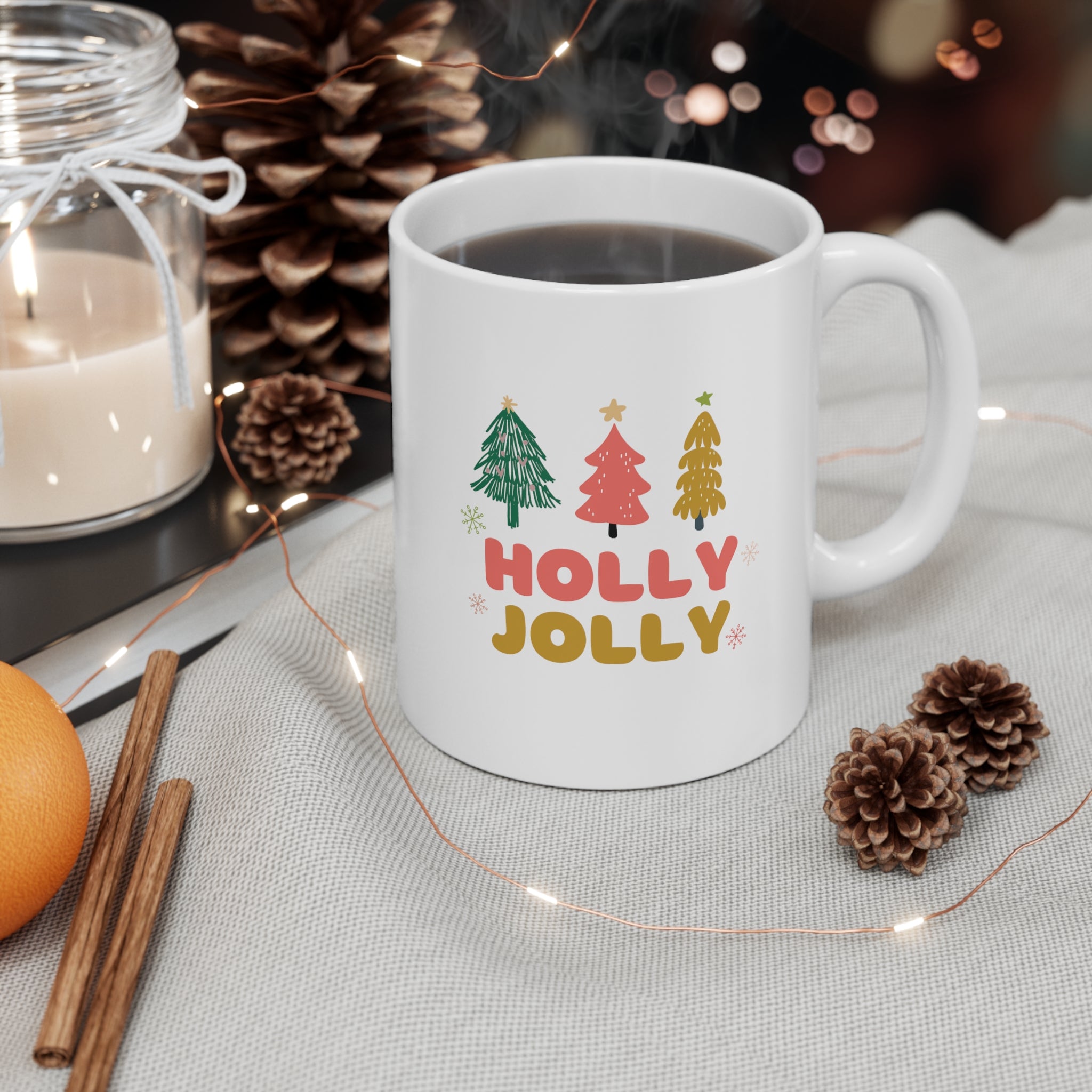 A festive white ceramic mug featuring Christmas trees, perfect for holiday beverages.