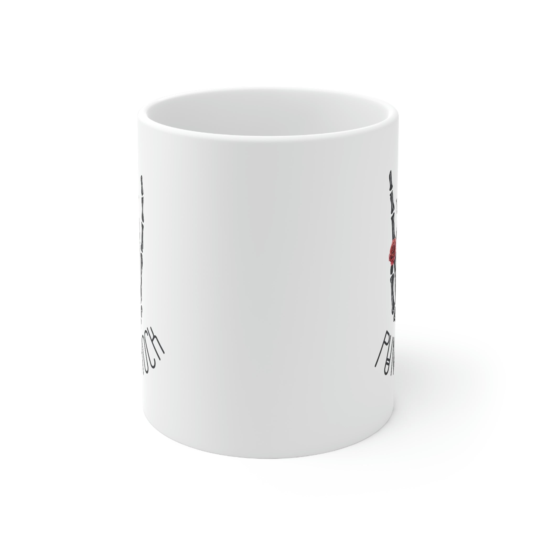 I Love Punk Rock Skeleton Hand Mug featuring a unique skeleton hand design on a white ceramic surface.