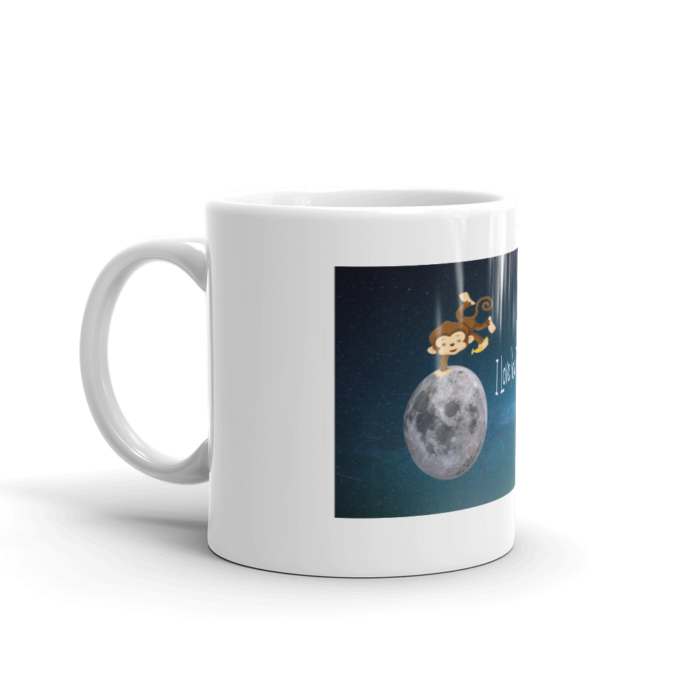 A white ceramic mug featuring the phrase 'I Love You To The Moon And Back' with a cute monkey sitting on the moon.