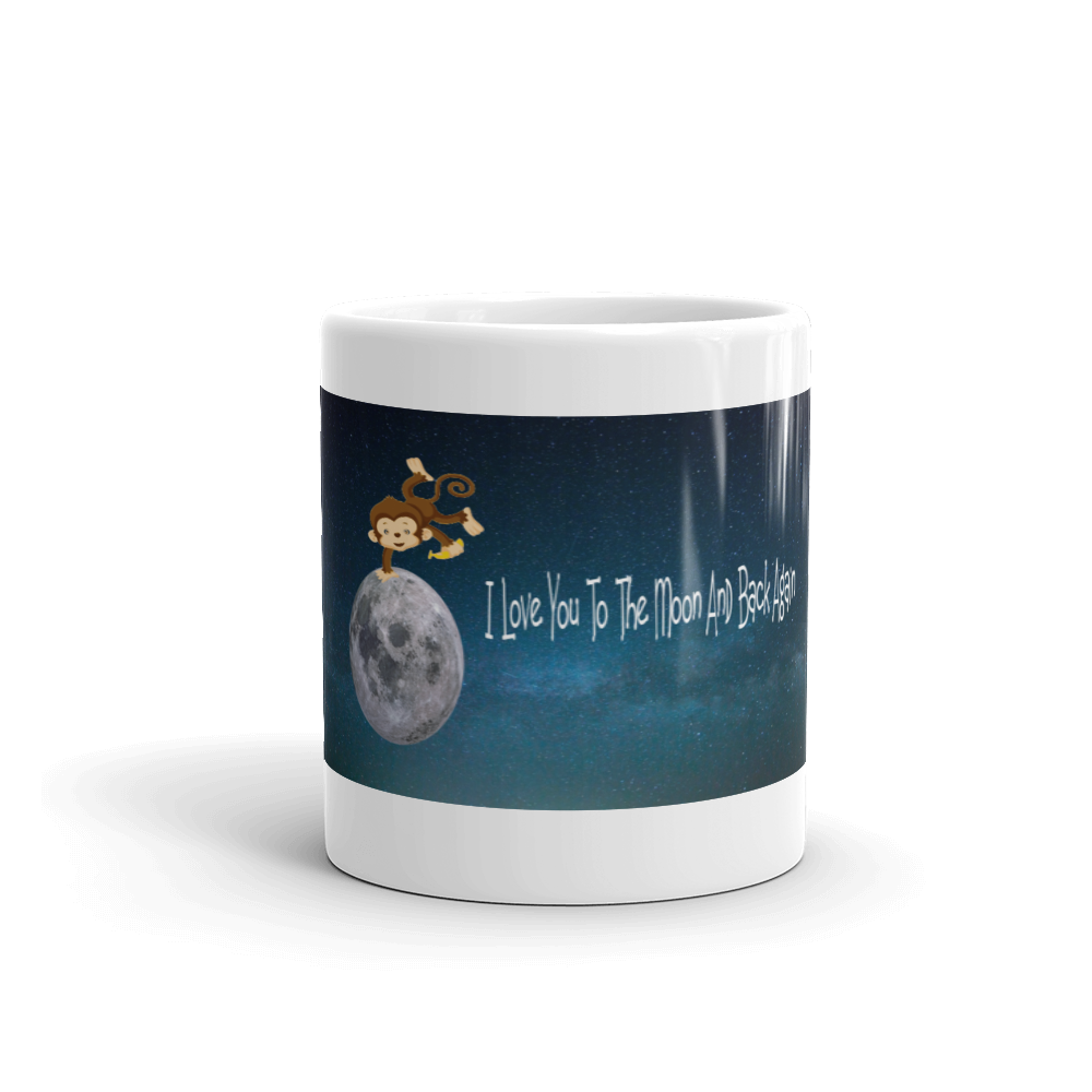 A white ceramic mug featuring the phrase 'I Love You To The Moon And Back' with a cute monkey sitting on the moon.