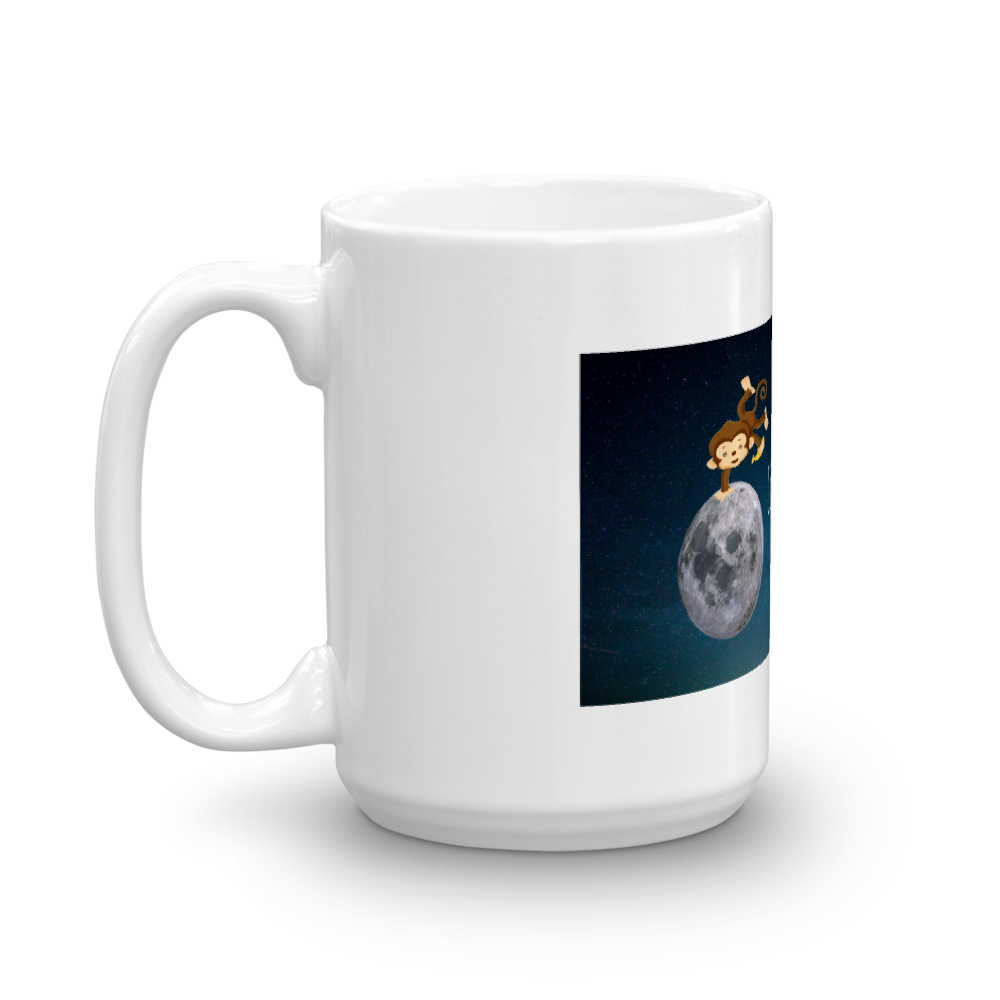 A white ceramic mug featuring the phrase 'I Love You To The Moon And Back' with a cute monkey sitting on the moon.