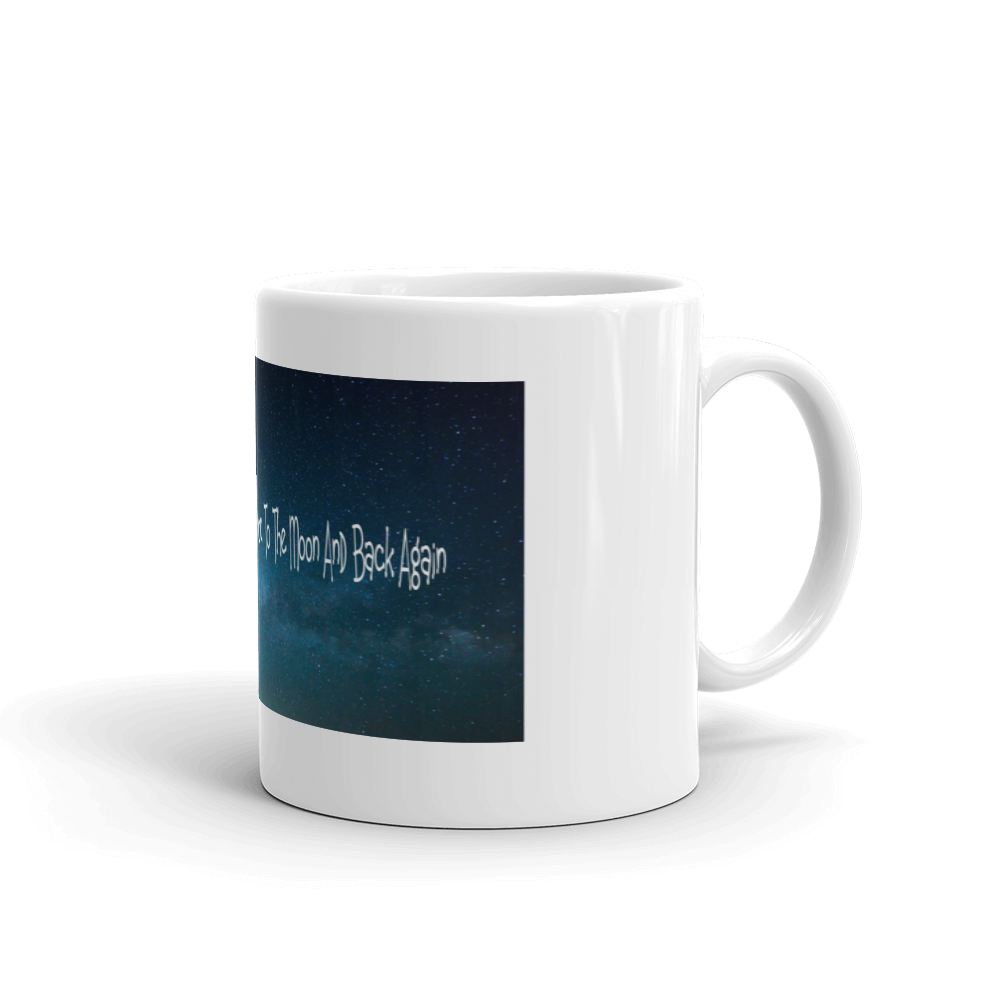 A white ceramic mug featuring the phrase 'I Love You To The Moon And Back' with a cute monkey sitting on the moon.