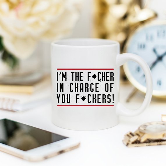 A humorous coffee mug with the phrase 'I'm The F*cker In Charge Of You F*ckers' printed on it, showcasing a fun design.