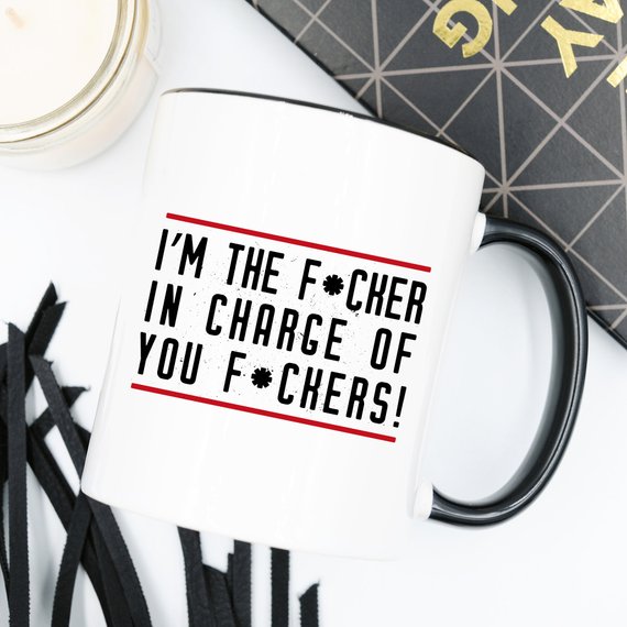 A humorous coffee mug with the phrase 'I'm The F*cker In Charge Of You F*ckers' printed on it, showcasing a fun design.