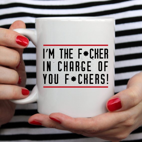 A humorous coffee mug with the phrase 'I'm The F*cker In Charge Of You F*ckers' printed on it, showcasing a fun design.