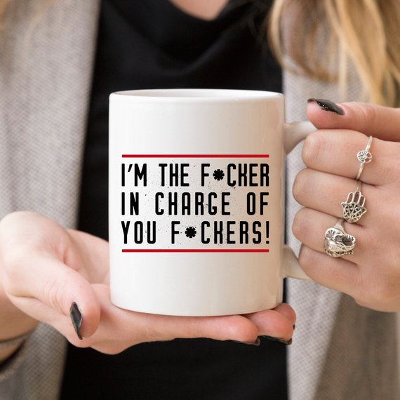 A humorous coffee mug with the phrase 'I'm The F*cker In Charge Of You F*ckers' printed on it, showcasing a fun design.