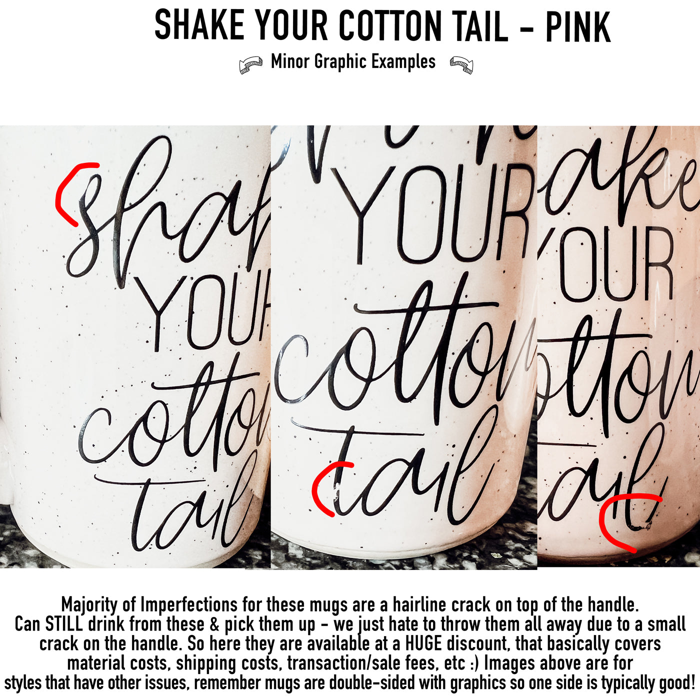 A collection of imperfect Easter mugs in pink and blue, showcasing unique designs and minor imperfections.