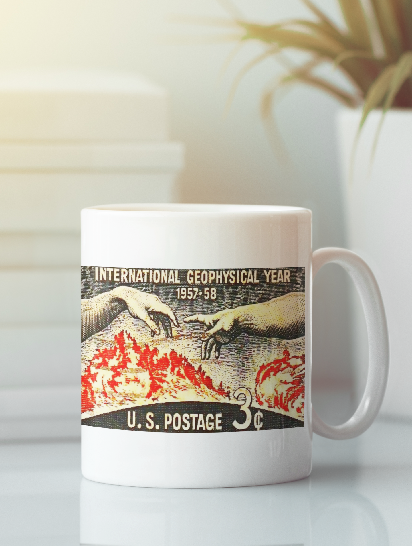 Ceramic coffee mug featuring a vibrant Pop Art design inspired by the International Geophysical Year, available in white and black.