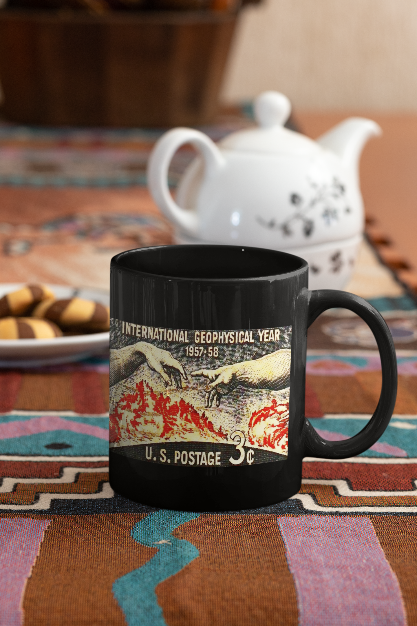 Ceramic coffee mug featuring a vibrant Pop Art design inspired by the International Geophysical Year, available in white and black.