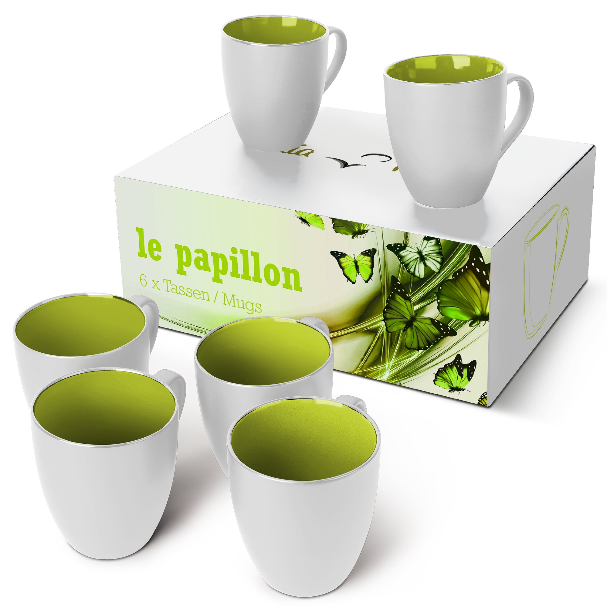 Kaffeetassen Set Le Papillon Kollektion in Weiß, bestehend aus 6 eleganten Steingut Tassen, ideal für Kaffee und Tee.