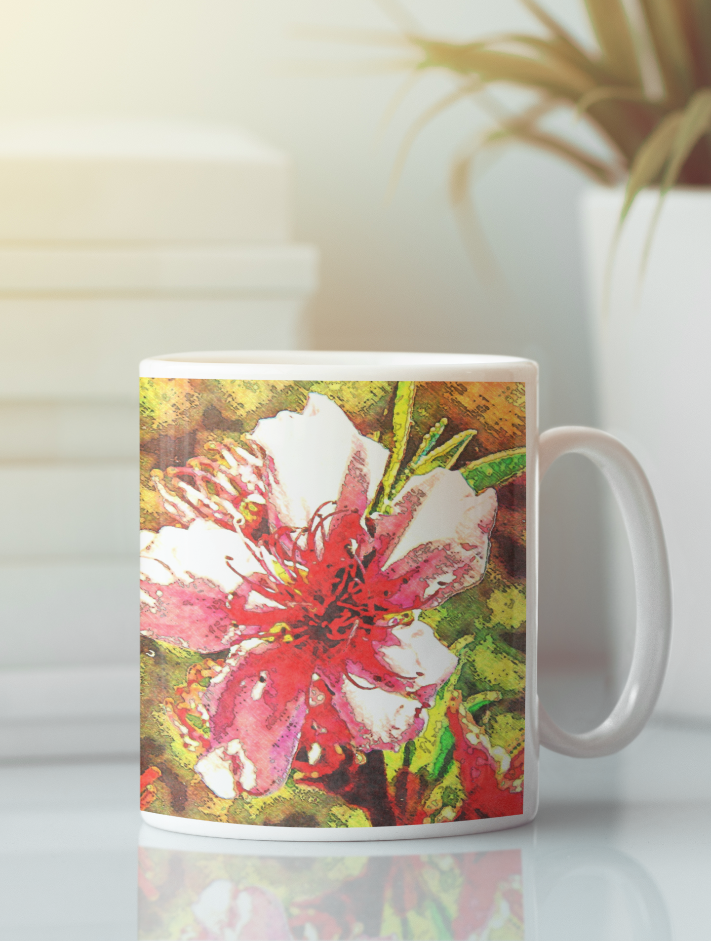 Lakeside Flowers Abstract Pop Art Coffee Mug featuring a vibrant flower design in bold colors, available in white and black.