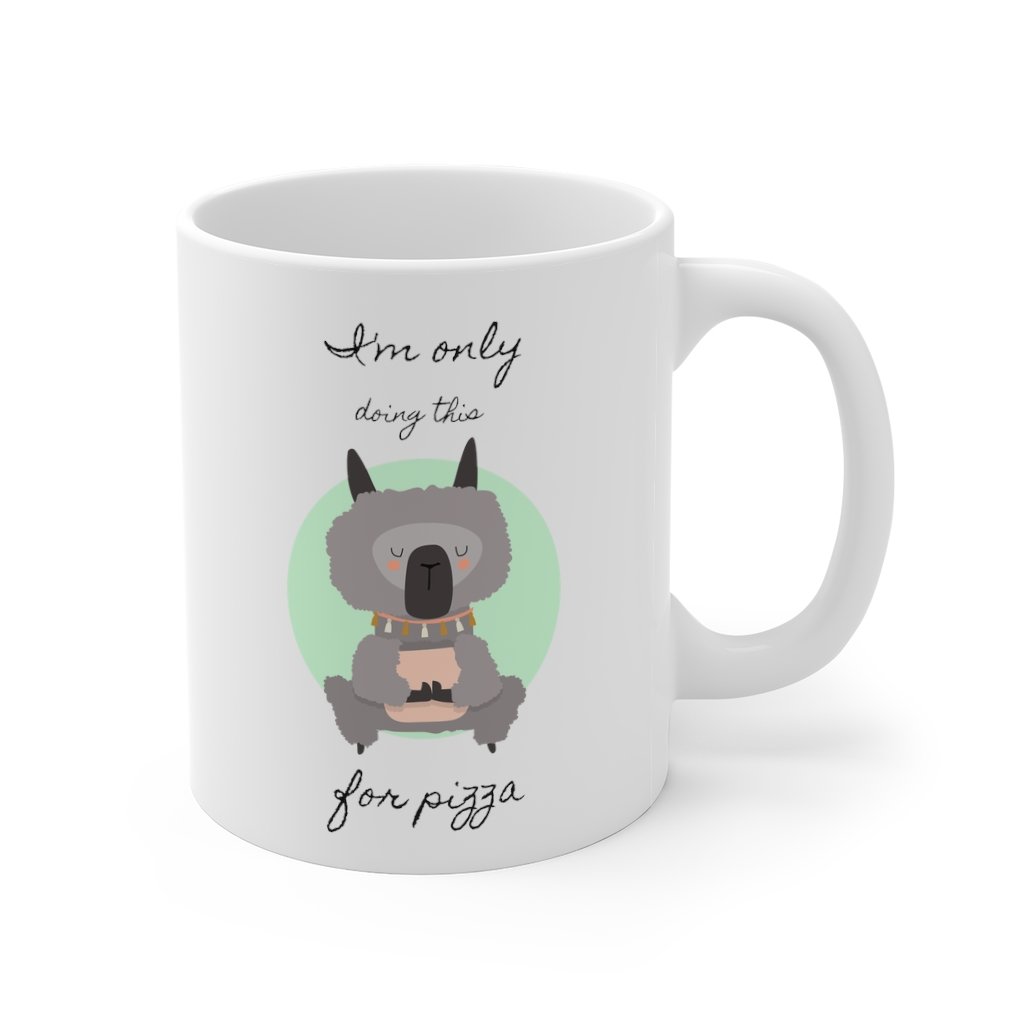 A white ceramic mug featuring a whimsical llama doing yoga, perfect for coffee, tea, and hot chocolate.