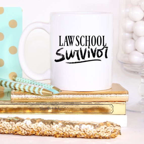 A white ceramic coffee mug with the text 'Law School Survivor' printed in bold, humorous font, perfect for law students.
