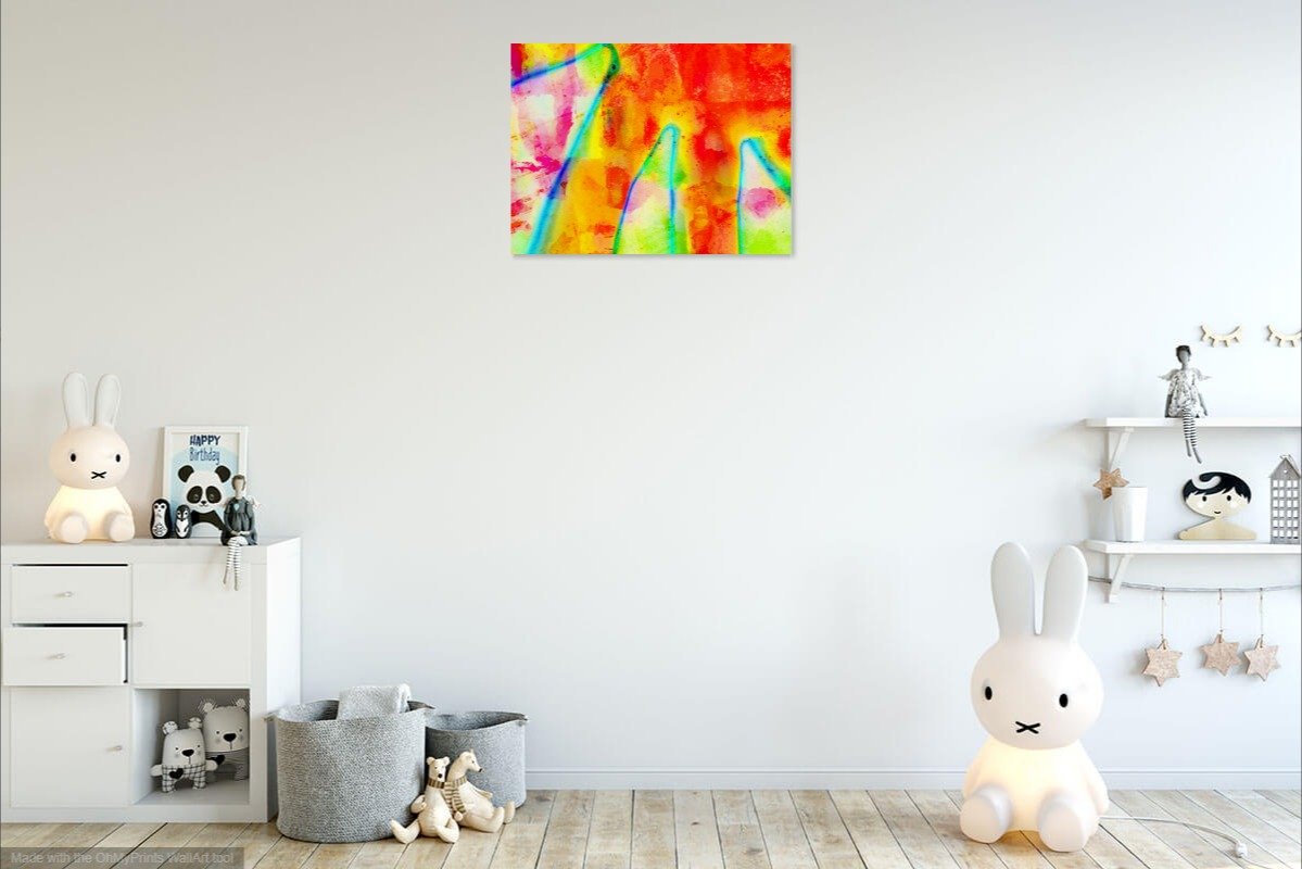 A vibrant digital abstract pop art print featuring playful colors and designs, perfect for children's rooms or modern decor.