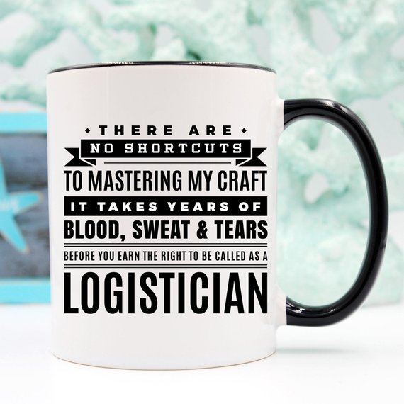A white ceramic mug featuring a vibrant design related to logistics, showcasing both front and back prints.