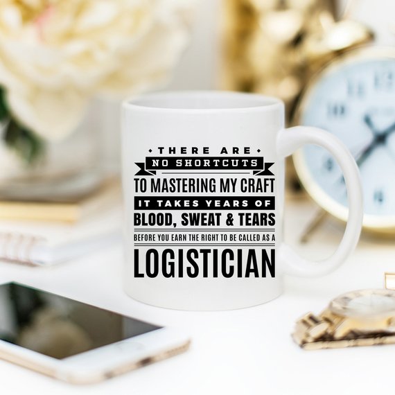A white ceramic mug featuring a vibrant design related to logistics, showcasing both front and back prints.