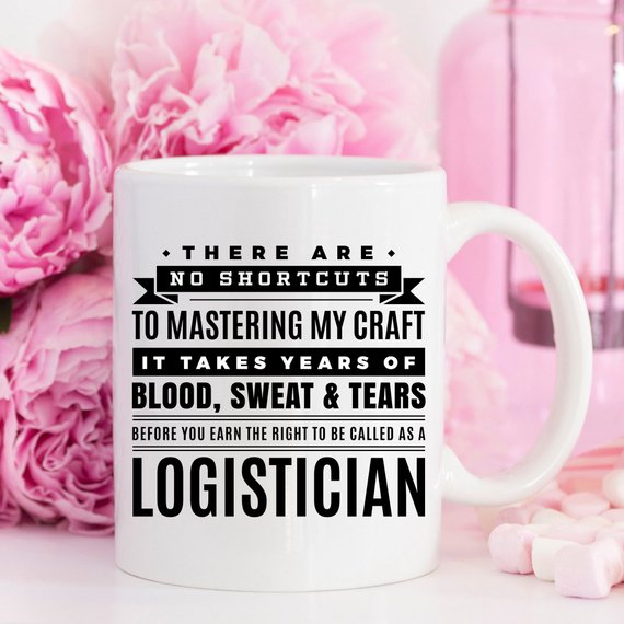 A white ceramic mug featuring a vibrant design related to logistics, showcasing both front and back prints.