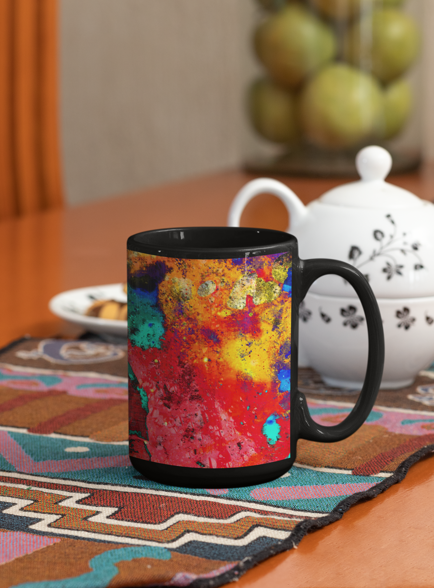 A vibrant red ceramic coffee mug featuring a digital abstract pop art design, showcasing bold colors and patterns on both sides.