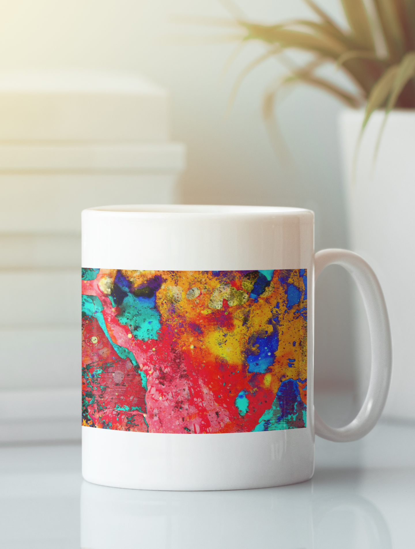 A vibrant digital abstract pop art print featuring bold reds and dynamic shapes, perfect for modern home décor.