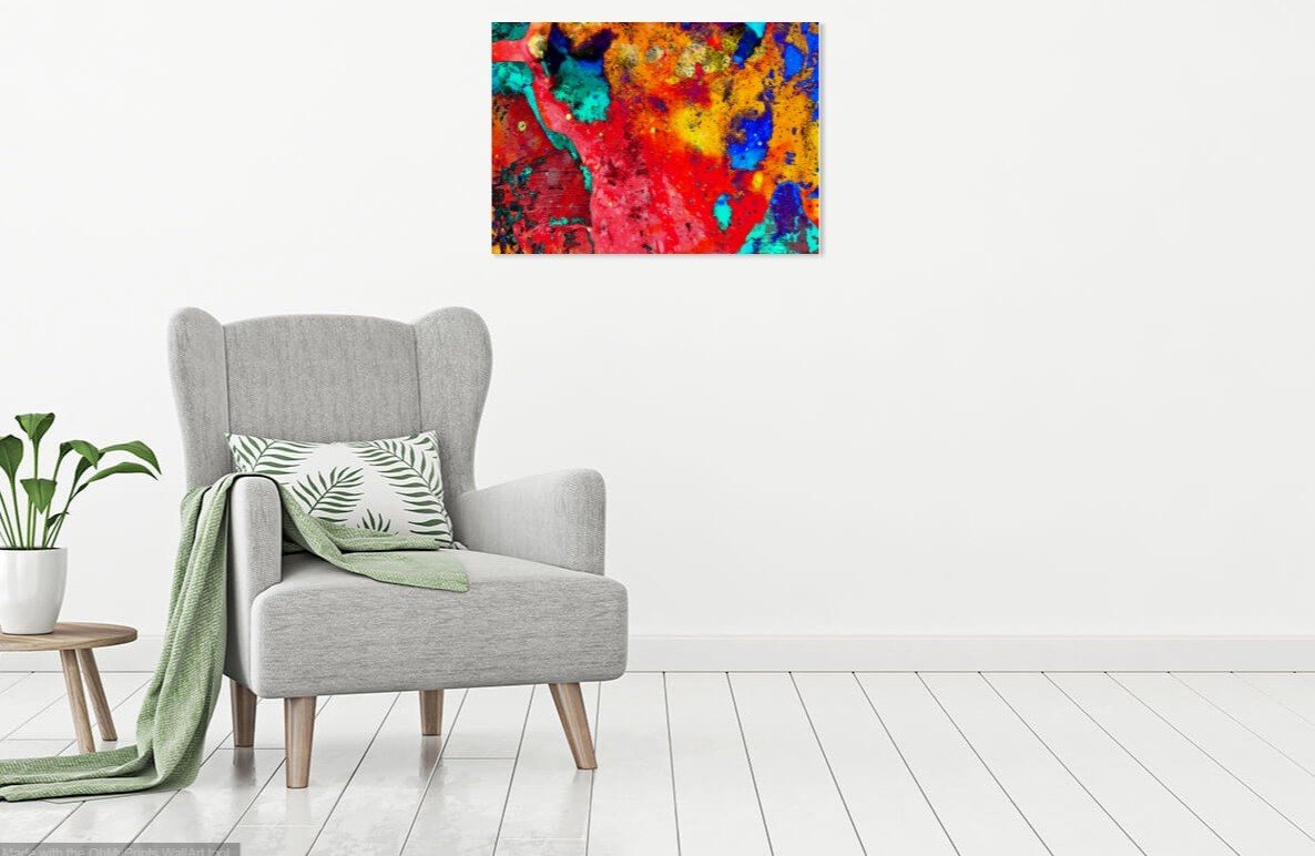 A vibrant digital abstract pop art print featuring bold reds and dynamic shapes, perfect for modern home décor.
