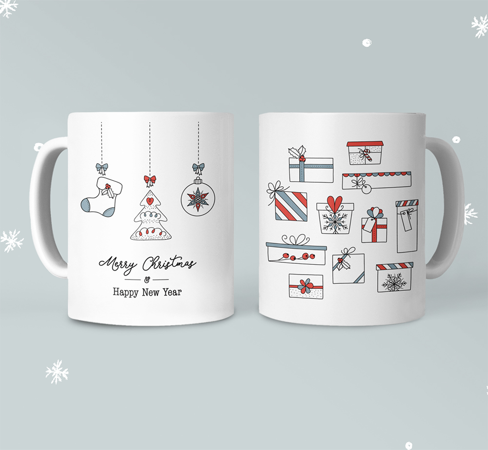Merry Christmas Mug featuring festive stockings and presents, made of durable white ceramic with a C-handle.