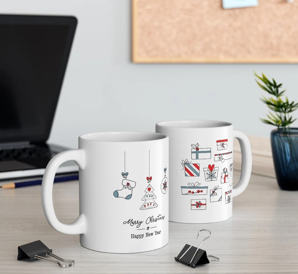 Merry Christmas Mug featuring festive stockings and presents, made of durable white ceramic with a C-handle.