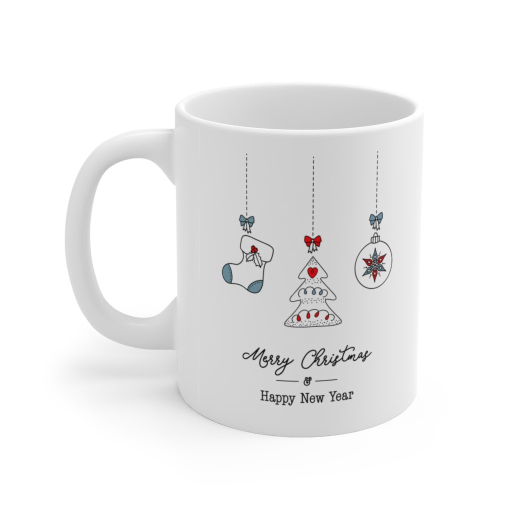 Merry Christmas Mug featuring festive stockings and presents, made of durable white ceramic with a C-handle.