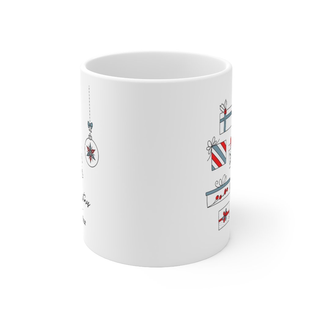 Merry Christmas Mug featuring festive stockings and presents, made of durable white ceramic with a C-handle.