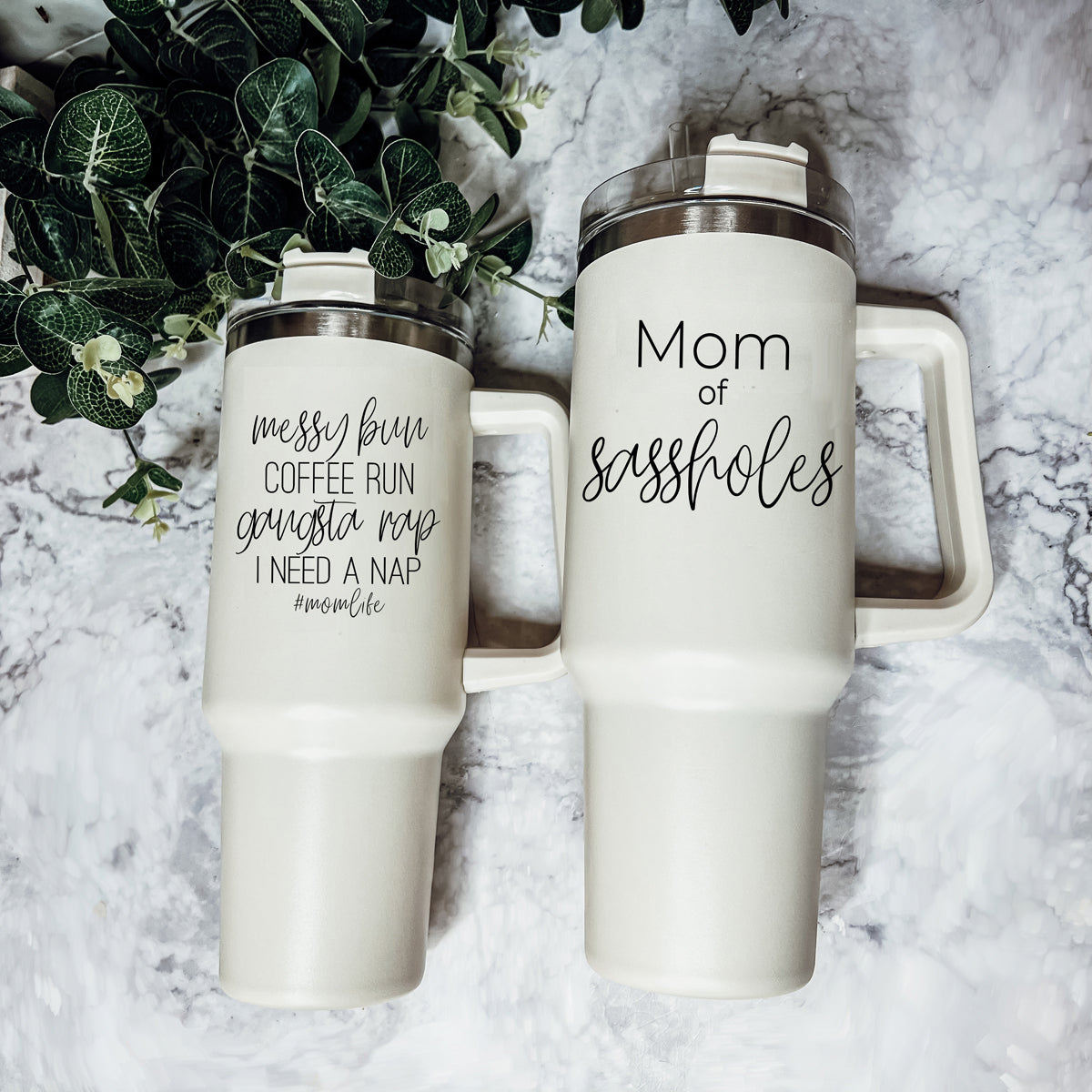 Messy Bun Mom Life 40oz insulated mug with a matte finish, featuring a black graphic design and a versatile 3-in-1 lid.