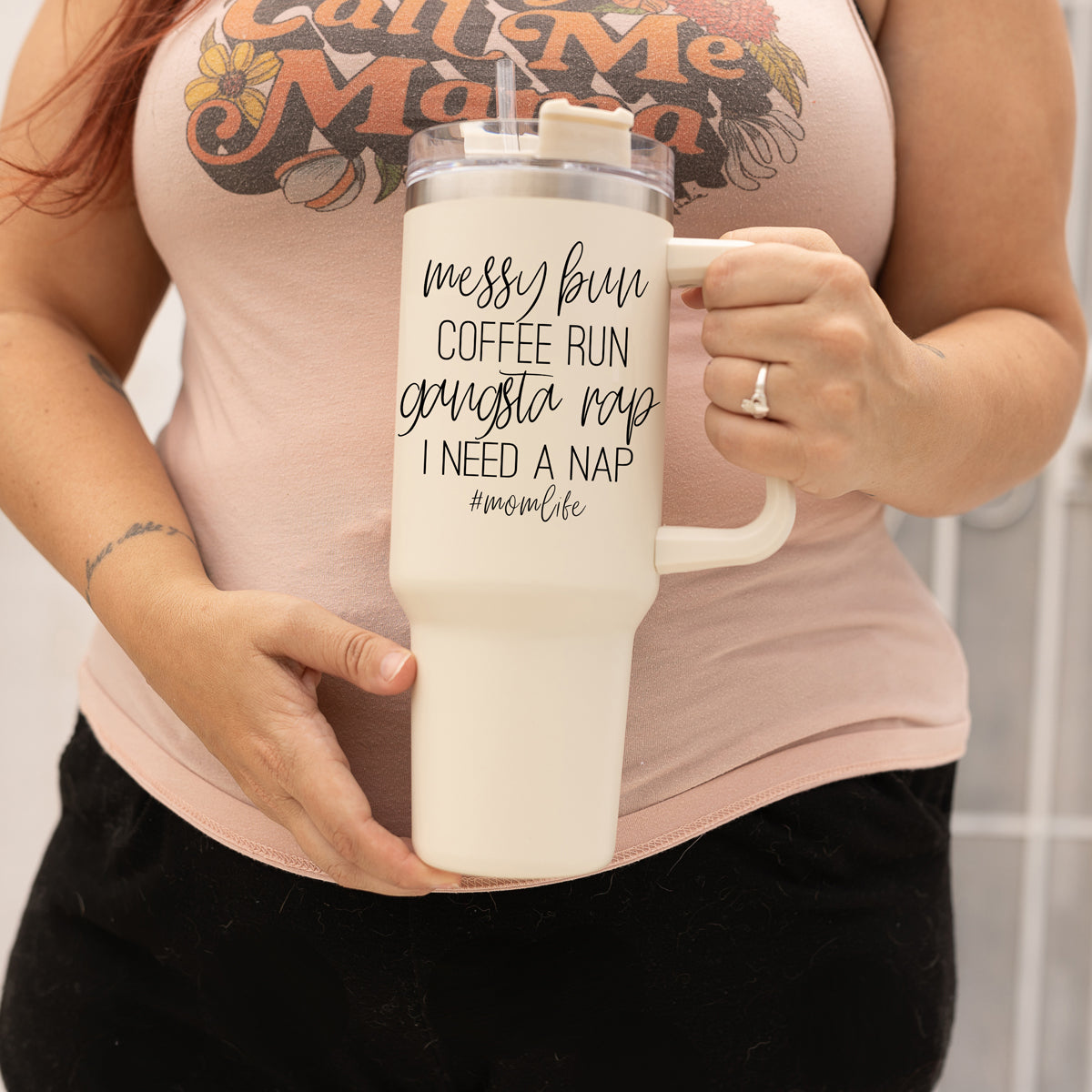 Messy Bun Mom Life 40oz insulated mug with a matte finish, featuring a black graphic design and a versatile 3-in-1 lid.