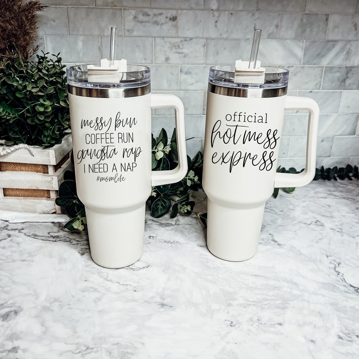 Messy Bun Mom Life 40oz insulated mug with a matte finish, featuring a black graphic design and a versatile 3-in-1 lid.