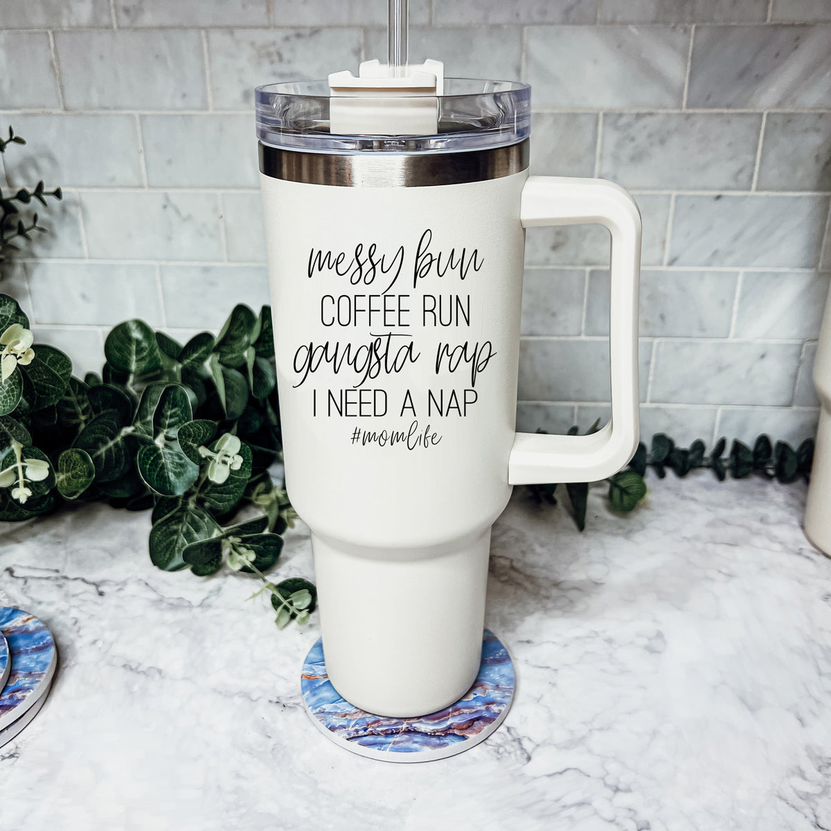 Messy Bun Mom Life 40oz insulated mug with a matte finish, featuring a black graphic design and a versatile 3-in-1 lid.