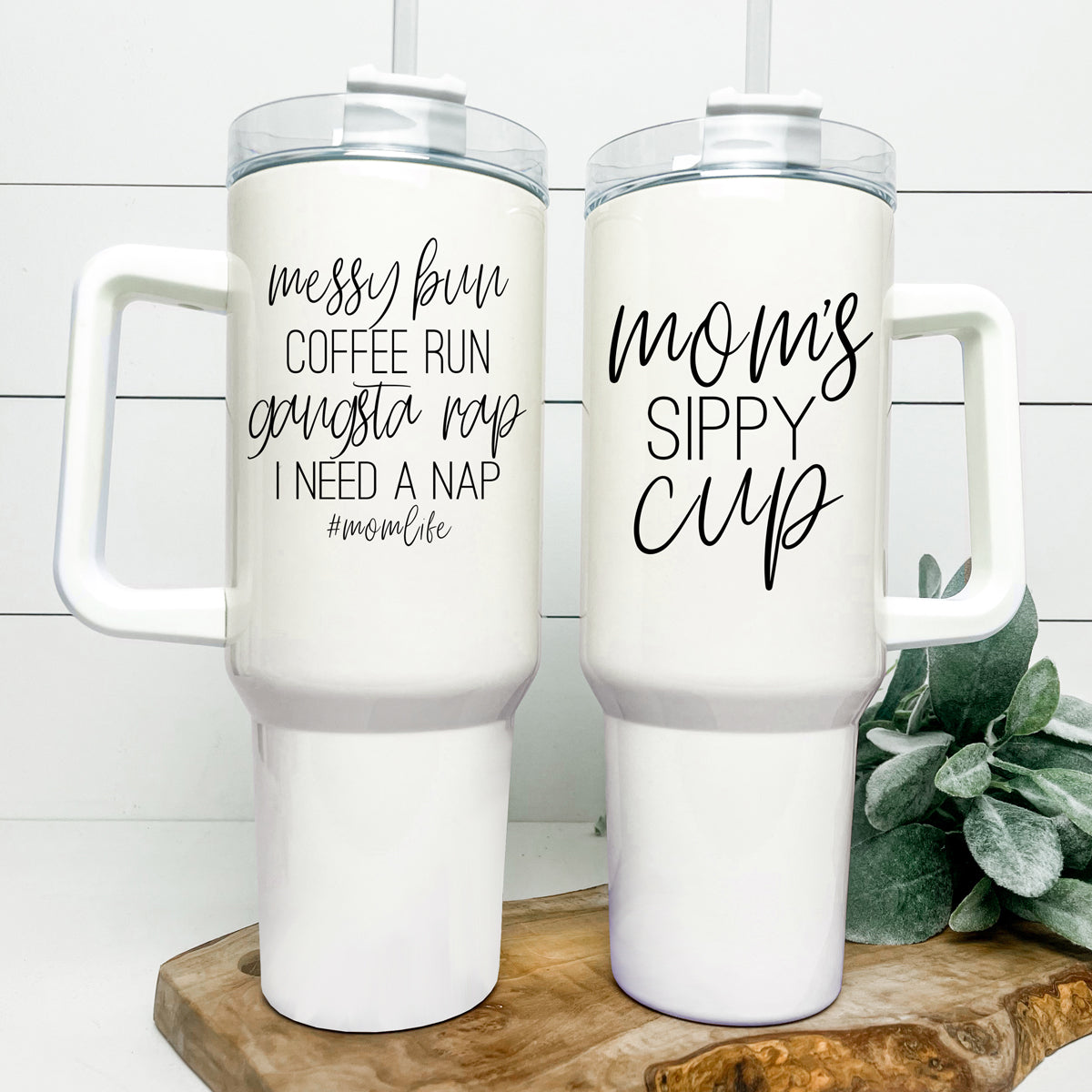 Messy Bun Mom Life 40oz insulated mug with a matte finish, featuring a black graphic design and a versatile 3-in-1 lid.