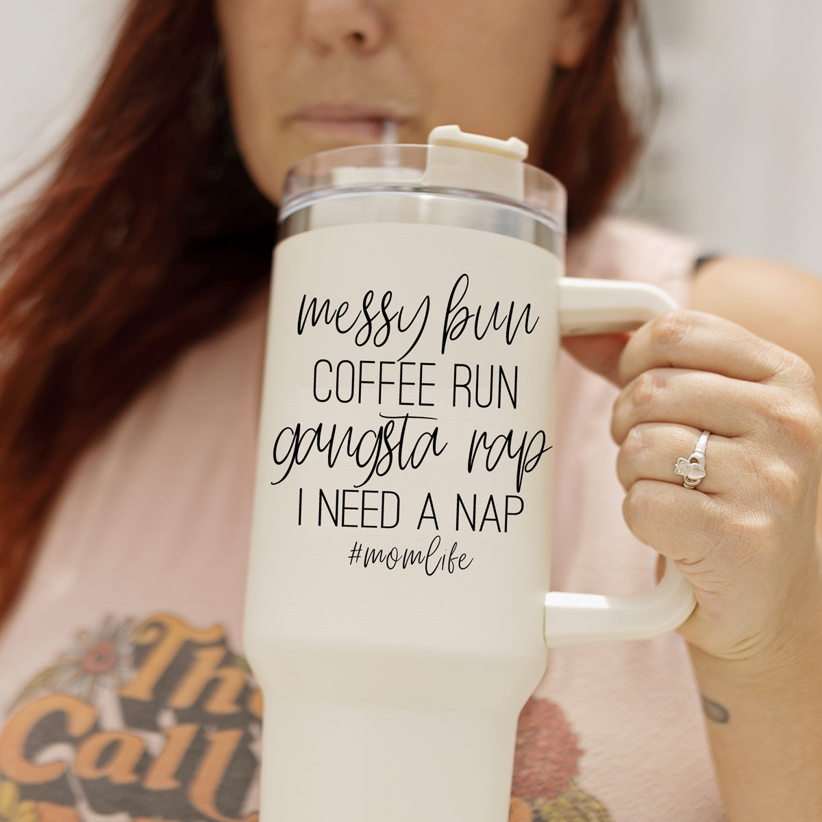 Messy Bun Mom Life 40oz insulated mug with a matte finish, featuring a black graphic design and a versatile 3-in-1 lid.
