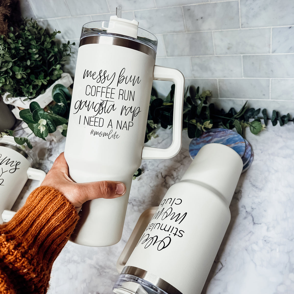 Messy Bun Mom Life 40oz insulated mug with a matte finish, featuring a black graphic design and a versatile 3-in-1 lid.