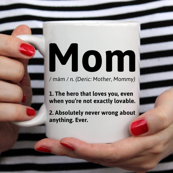 A humorous coffee mug with the definition of 'Mom', showcasing a fun design perfect for Mother's Day gifts.
