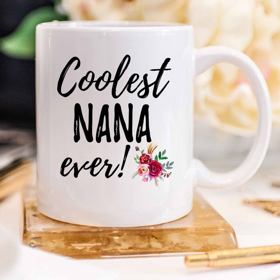 A stylish white ceramic Nana Mug featuring a vibrant design, perfect for Mother's Day gifts from daughters.