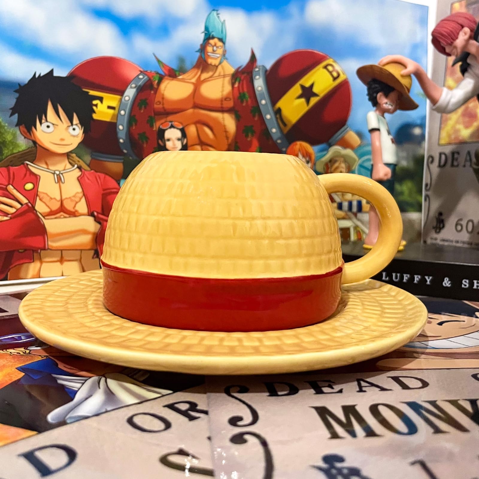 One Piece Anime Novelty Coffee Mug featuring Luffy's straw hat design, made of high-quality ceramic, perfect for fans.