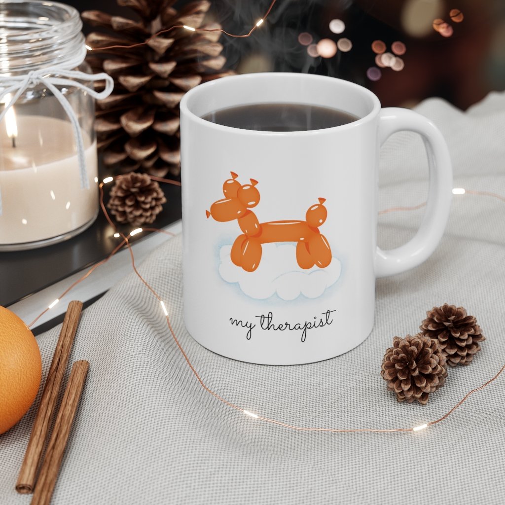 Orange Balloon Dog Theme Mug made of white ceramic, featuring a playful balloon dog design, perfect for coffee and tea lovers.
