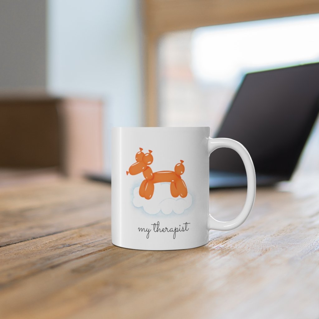Orange Balloon Dog Theme Mug made of white ceramic, featuring a playful balloon dog design, perfect for coffee and tea lovers.