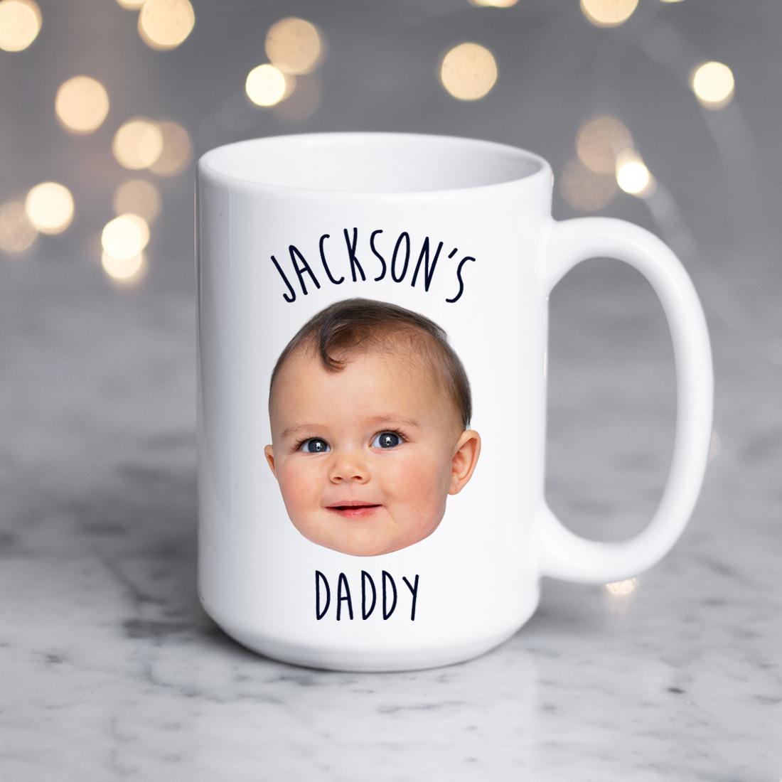 A personalized photo mug featuring a custom image and text, showcasing a glossy white ceramic finish with a C-handle.