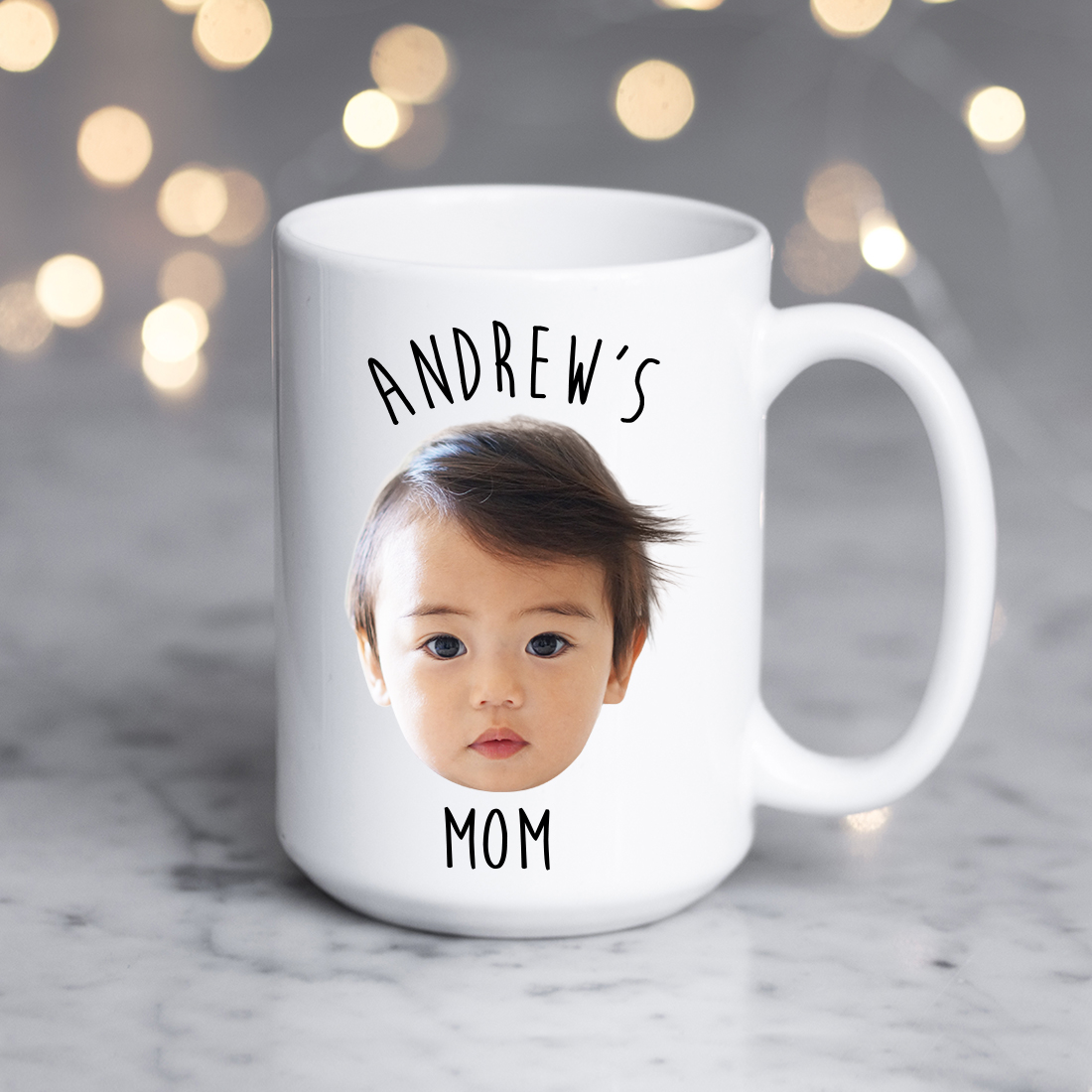 A personalized photo mug featuring a custom image and text, showcasing a glossy white ceramic finish with a C-handle design.