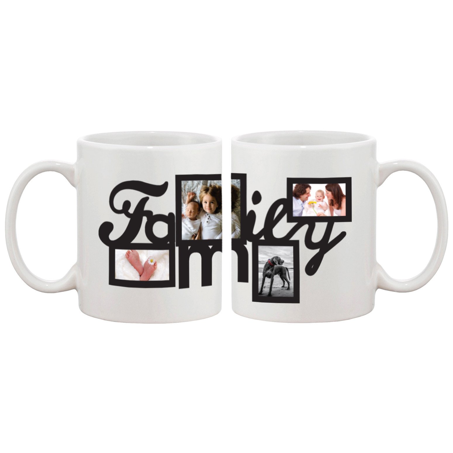 A personalized coffee mug featuring a custom photo collage with four pictures, showcasing vibrant colors and a ceramic finish, perfect for special occasions.