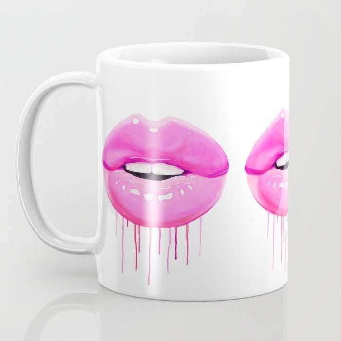 A stylish pink lips ceramic coffee mug with a large handle, featuring a vibrant wrap-around design, perfect for hot or cold beverages.