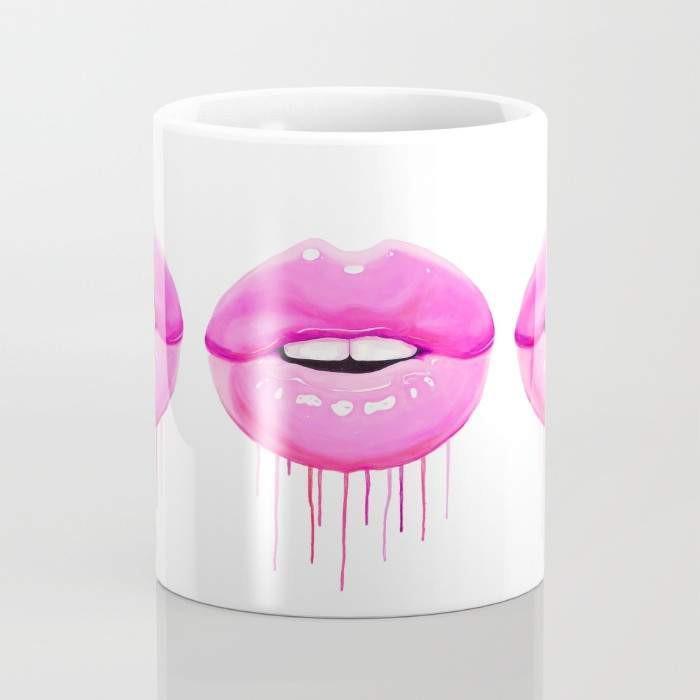 A stylish pink lips ceramic coffee mug with a large handle, featuring a vibrant wrap-around design, perfect for hot or cold beverages.